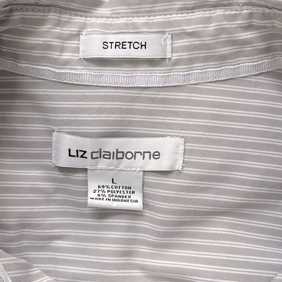 Liz Claiborne Button down shirt. Size Large. Gray striped Stretch - Picture 2 of 4